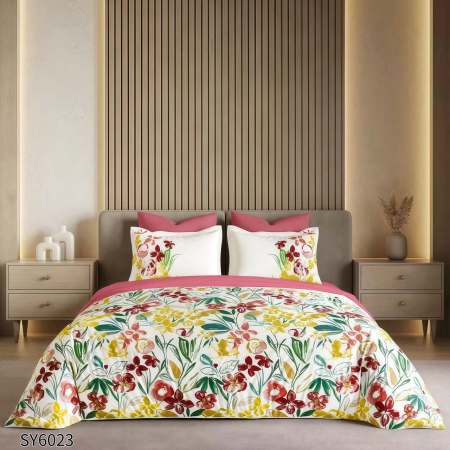 Bumbac Tip Finet Premium - Lenjerie De Pat Din Finet Imprimat Digital Cu Elastic - Roz cu Flori Colorate