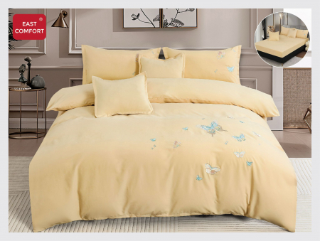 LENJERII DE PAT - Lenjerie De Pat Din Finet Premium Cu Broderie Si Elastic - Galben Cu Fluturasi