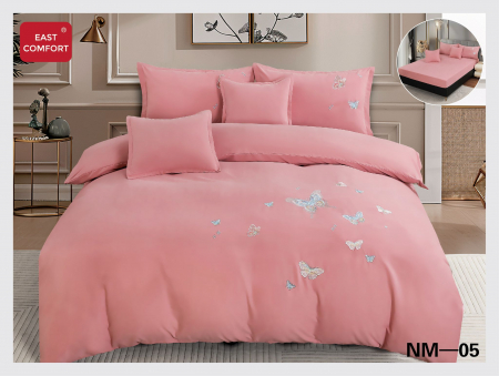 LENJERII DE PAT - Lenjerie De Pat Din Finet Premium Cu Broderie Si Elastic - Roz Cu Fluturasi