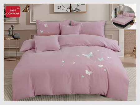 LENJERII DE PAT - Lenjerie De Pat Din Finet Premium Cu Broderie Si Elastic - Lila Cu Fluturasi