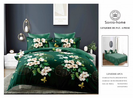 Bumbac Tip Finet 6 Piese - Lenjerie De Pat Din Finet - Verde Floral