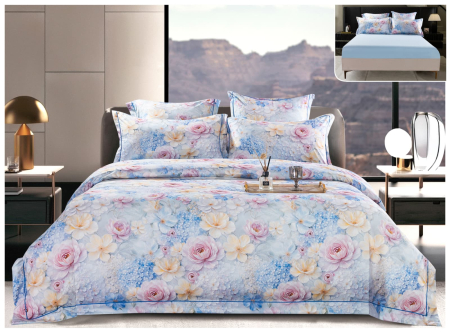 Lenjerii Satin Premium - Lenjerie De Pat Din Satin Gros Cu Elastic La Cutie - Bleu Cu Floricele