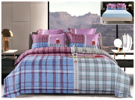 Lenjerii Satin Premium - Lenjerie De Pat Din Satin Gros Cu Elastic La Cutie - Bleu Si Mov Cu Urs Polar