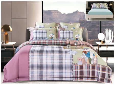 Lenjerii Satin Premium - Lenjerie De Pat Din Satin Gros Cu Elastic La Cutie - Bleu Si Roz Cu Catelus