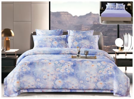 Lenjerii Satin Premium - Lenjerie De Pat Din Satin Gros Cu Elastic La Cutie - Flori Albe In Azur