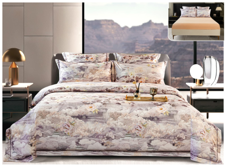 Lenjerii Satin Premium - Lenjerie De Pat Din Satin Gros Cu Elastic La Cutie - Flori Pe Pietre