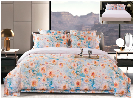 Lenjerii Satin Premium - Lenjerie De Pat Din Satin Gros Cu Elastic La Cutie - Flori Pictate