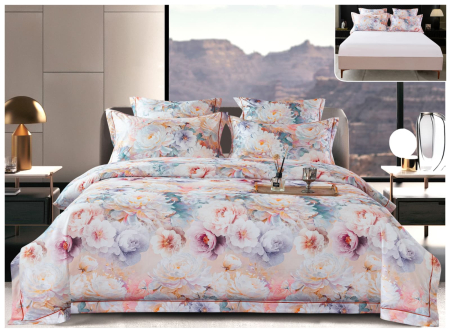 Lenjerii Satin Premium - Lenjerie De Pat Din Satin Gros Cu Elastic La Cutie - Gradina Cu Flori