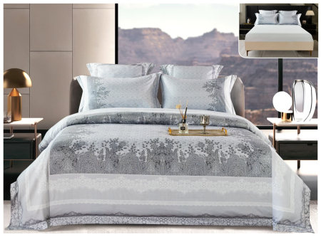 Lenjerii Satin Premium - Lenjerie De Pat Din Satin Gros Cu Elastic La Cutie - Gri Abstract Cu Flori