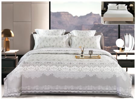 Lenjerii Satin Premium - Lenjerie De Pat Din Satin Gros Cu Elastic La Cutie - Gri Cu Buchetele