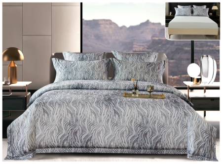 Lenjerii Satin Premium - Lenjerie De Pat Din Satin Gros Cu Elastic La Cutie - Gri Cu Dungi Abstracte