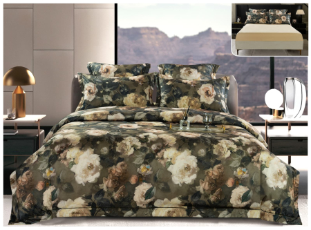 Lenjerii Satin Premium - Lenjerie De Pat Din Satin Gros Cu Elastic La Cutie - Kaki Cu Flori