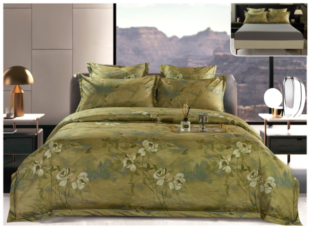 Lenjerii Satin Premium - Lenjerie De Pat Din Satin Gros Cu Elastic La Cutie - Kaki Cu Floricele