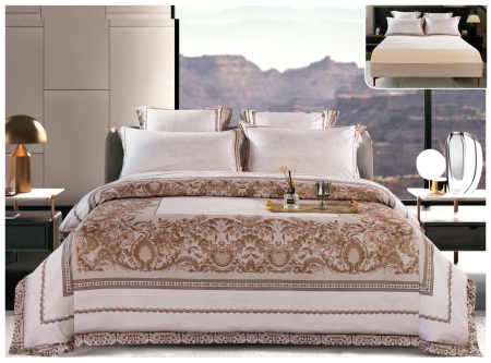 Lenjerii Satin Premium - Lenjerie De Pat Din Satin Gros Cu Elastic La Cutie - Model Regal Bej