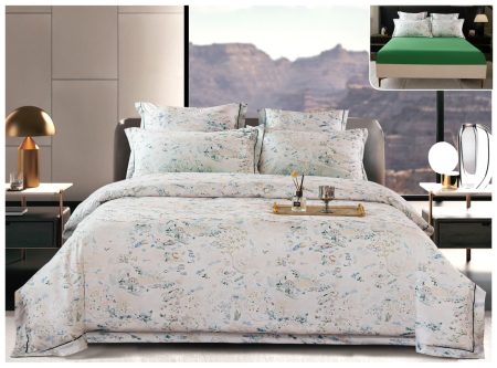 Lenjerii Satin Premium - Lenjerie De Pat Din Satin Gros Cu Elastic La Cutie - Verde Cu Peisaje