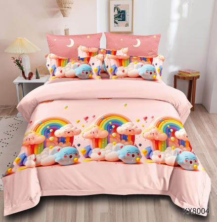Lenjerii Pentru Copii - 1 persoana - Lenjerie De Pat Finet 1 Persoana Imprimeu Animat - Norisori Si Curcubeu Roz
