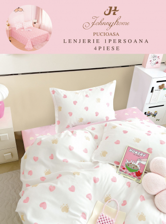 Lenjerii Bumbac Tip Finet - 1 Persoana - Lenjerie De Pat Finet 1 Persoana - Inimioare Roz