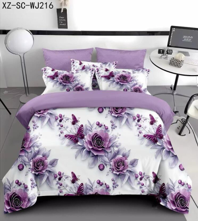 Cearceaf normal 4 piese - Lenjerie De Pat Finet 4 Piese 5D 1 Persoana - Trandafiri Si Fluturasi Lila