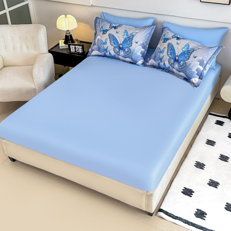 Lenjerie De Pat Finet 4 Piese Cu Elastic 5D 1 Persoana - Albastru Cu Fluturasi [1]