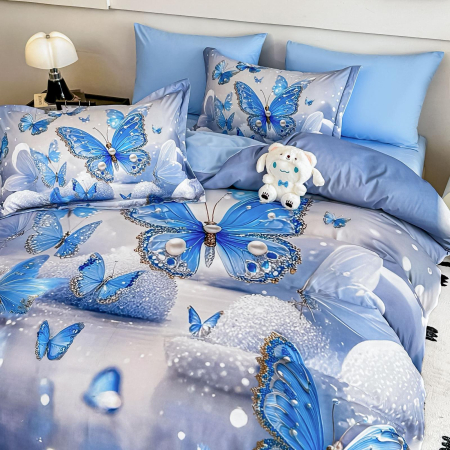 Lenjerie De Pat Finet 4 Piese Cu Elastic 5D 1 Persoana - Albastru Cu Fluturasi [2]