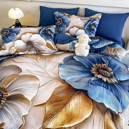 Lenjerie De Pat Finet 4 Piese Cu Elastic 5D 1 Persoana - Flori De Portelan [2]