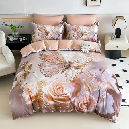 Cearceaf cu elastic 4 piese - Lenjerie De Pat Finet 4 Piese Cu Elastic 5D 1 Persoana - Fluturi Stralucitori