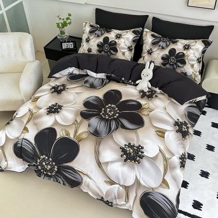 Lenjerie De Pat Finet 4 Piese Cu Elastic 5D 1 Persoana - Negru Cu Flori [2]