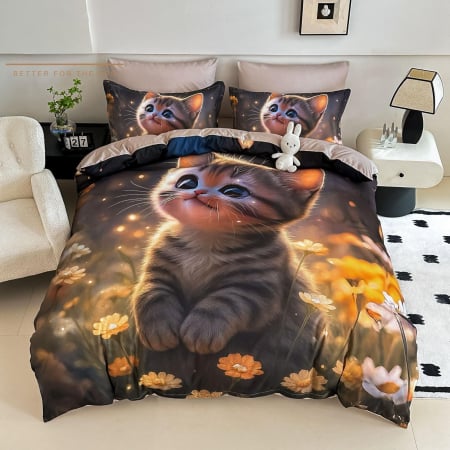 Cearceaf cu elastic 4 piese - Lenjerie De Pat Finet 4 Piese Cu Elastic 5D 1 Persoana - Pisicuta Printre Flori