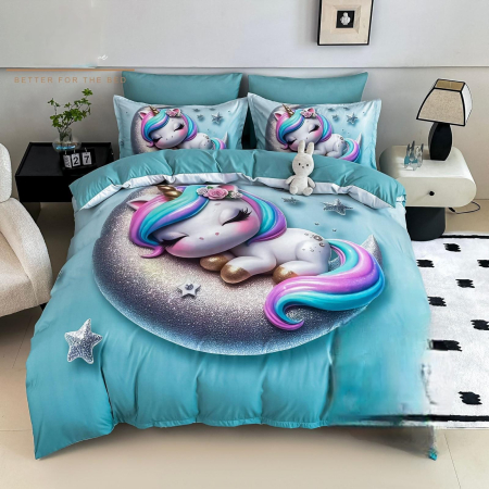 Cearceaf cu elastic 4 piese - Lenjerie De Pat Finet 4 Piese Cu Elastic 5D 1 Persoana - Unicornul Somnoros