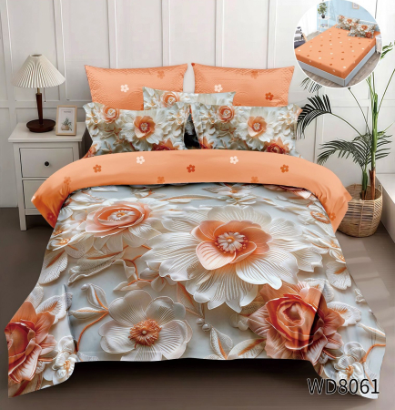 Cearceaf cu elastic 4 piese - Lenjerie De Pat Finet 4 Piese Cu Elastic 5D In Relief - Corai Cu Flori