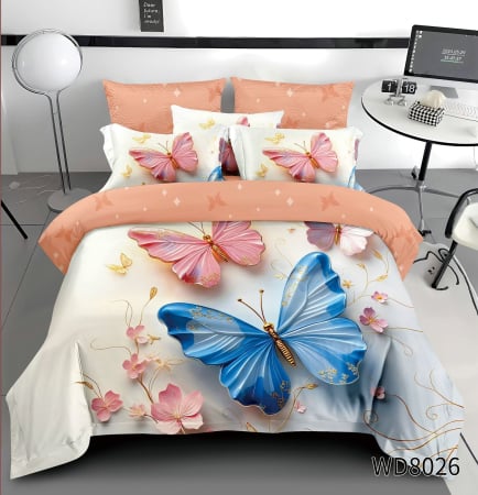 Cearceaf cu elastic 4 piese - Lenjerie De Pat Finet 4 Piese Cu Elastic 5D In Relief - Corai Cu Fluturi Brose