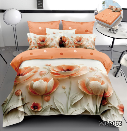 Cearceaf cu elastic 4 piese - Lenjerie De Pat Finet 4 Piese Cu Elastic 5D In Relief - Corai Floral