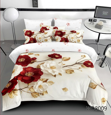 Bumbac Tip Finet 5D In Relief - Lenjerie De Pat Finet 4 Piese Cu Elastic 5D In Relief - Flori Bordo Si Aurii