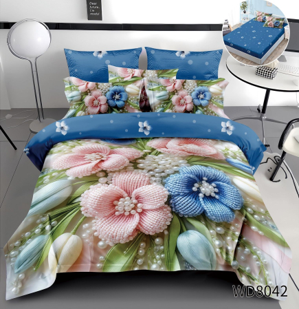 Cearceaf cu elastic 4 piese - Lenjerie De Pat Finet 4 Piese Cu Elastic 5D In Relief - Flori De Margele