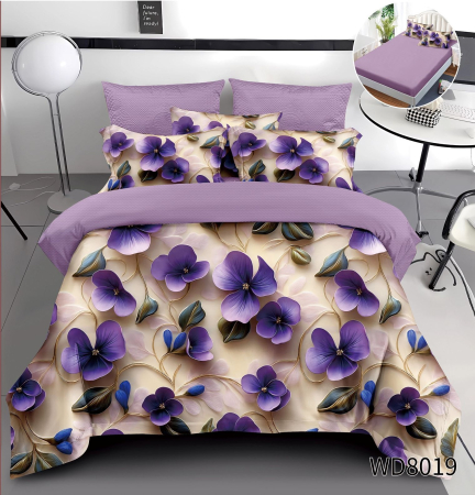 Cearceaf cu elastic 4 piese - Lenjerie De Pat Finet 4 Piese Cu Elastic 5D In Relief - Flori Mov Stilizate Artistic