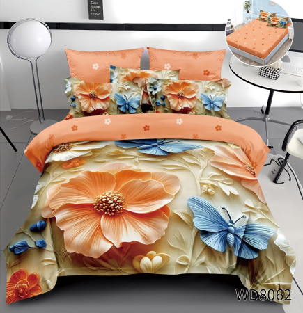 Cearceaf cu elastic 4 piese - Lenjerie De Pat Finet 4 Piese Cu Elastic 5D In Relief - Flori Si Fluturi