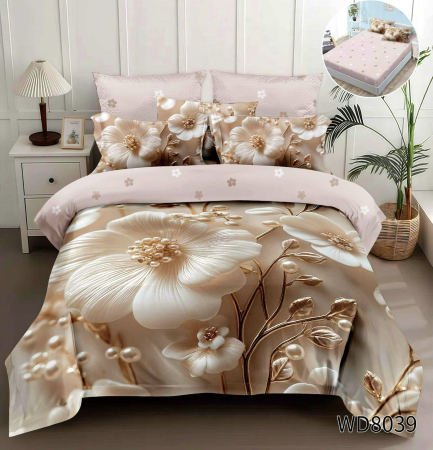 Cearceaf cu elastic 4 piese - Lenjerie De Pat Finet 4 Piese Cu Elastic 5D In Relief - Flori Si Perle