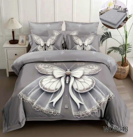 Cearceaf cu elastic 4 piese - Lenjerie De Pat Finet 4 Piese Cu Elastic 5D In Relief - Gri Cu Fluture De Matase