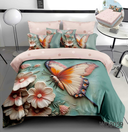 Cearceaf cu elastic 4 piese - Lenjerie De Pat Finet 4 Piese Cu Elastic 5D In Relief - Fluture Pe Flori