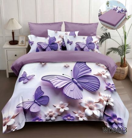 Cearceaf cu elastic 4 piese - Lenjerie De Pat Finet 4 Piese Cu Elastic 5D In Relief - Fluturi Lila In Zbor