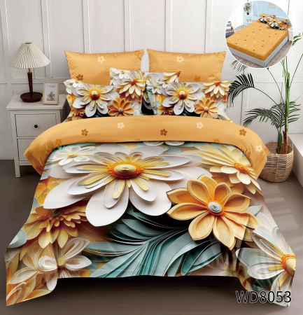 Cearceaf cu elastic 4 piese - Lenjerie De Pat Finet 4 Piese Cu Elastic 5D In Relief - Galben Mustar Cu Flori
