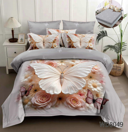 Cearceaf cu elastic 4 piese - Lenjerie De Pat Finet 4 Piese Cu Elastic 5D In Relief - Gri Cu Fluture Imperial