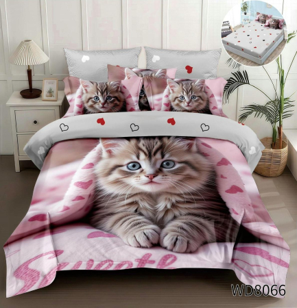 Bumbac Tip Finet 5D In Relief - Lenjerie De Pat Finet 4 Piese Cu Elastic 5D In Relief - Gri Si Roz Cu Pisicuta