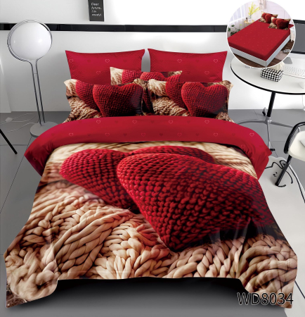 LENJERII DE PAT - Lenjerie De Pat Finet 4 Piese Cu Elastic 5D In Relief - Inimi Rosii Crosetate