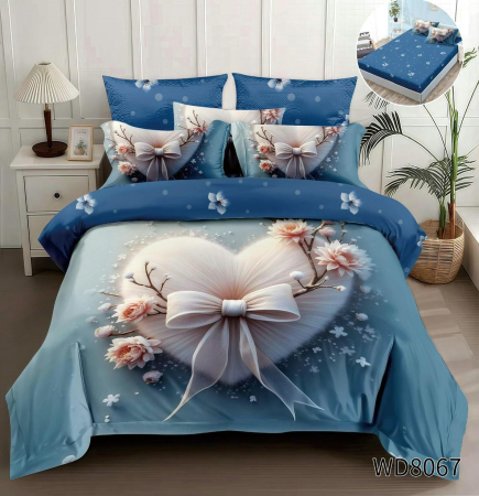 Bumbac Tip Finet 5D In Relief - Lenjerie De Pat Finet 4 Piese Cu Elastic 5D In Relief - Inimioara Cu Fundita