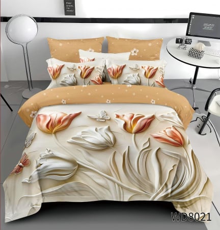 Bumbac Tip Finet 5D In Relief - Lenjerie De Pat Finet 4 Piese Cu Elastic 5D In Relief - Lalele Crem