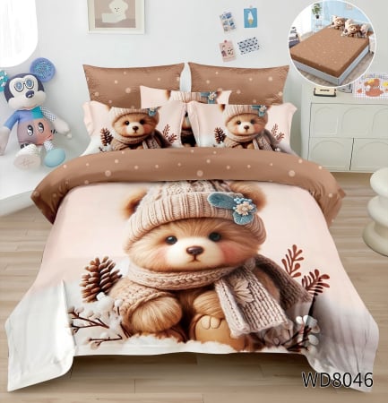 Cearceaf cu elastic 4 piese - Lenjerie De Pat Finet 4 Piese Cu Elastic 5D In Relief - Maro Cu Ursuletul Dragalas