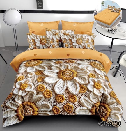 Cearceaf cu elastic 4 piese - Lenjerie De Pat Finet 4 Piese Cu Elastic 5D In Relief - Mustar Cu Flori Albe Impletite