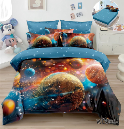 Cearceaf cu elastic 4 piese - Lenjerie De Pat Finet 4 Piese Cu Elastic 5D In Relief - Planete In Spatiu