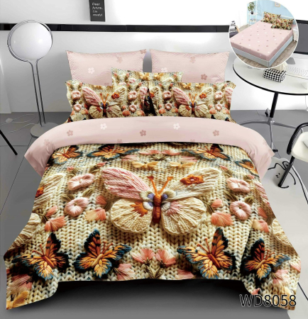 Cearceaf cu elastic 4 piese - Lenjerie De Pat Finet 4 Piese Cu Elastic 5D In Relief - Roz Cu Fluturi Tricotati